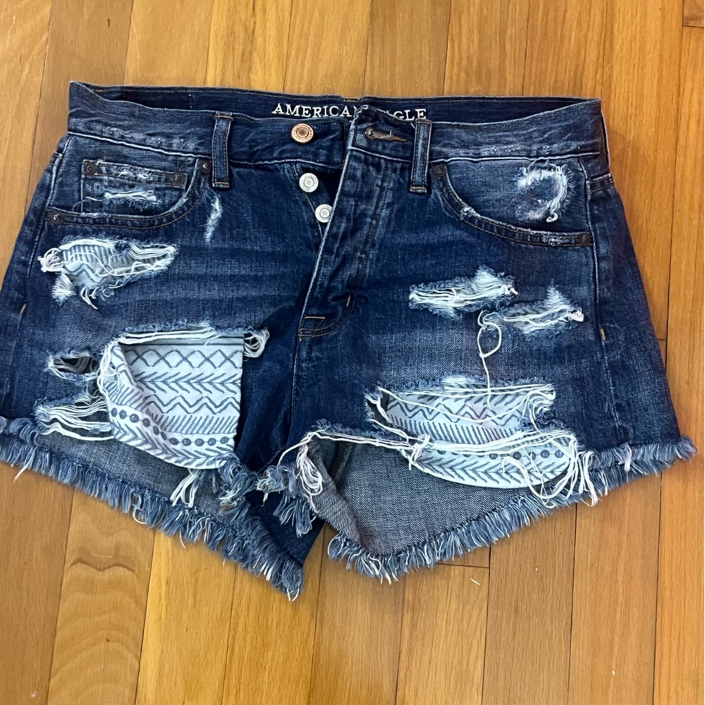 American Eagle Outfitters Dark Blue Distressed Jean Shorts